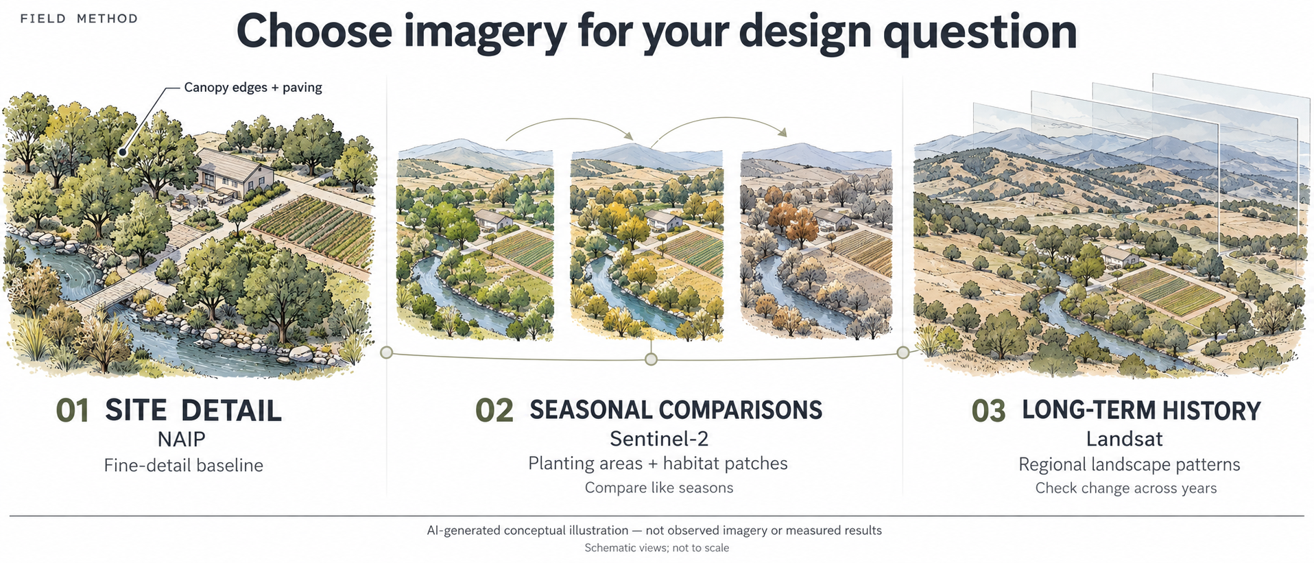 Three-panel landscape-architecture illustration titled “Choose imagery for your design question.” At left, NAIP is associated with a detailed site view showing tree canopies, paving, a planted field and a creek. In the middle, Sentinel-2 is associated with three simplified seasonal views of the same invented landscape. At right, Landsat is associated with a wider landscape and translucent stacked historical views. A footer identifies the image as AI-generated conceptual illustration, not observed imagery or measured results; all views are schematic and not to scale.